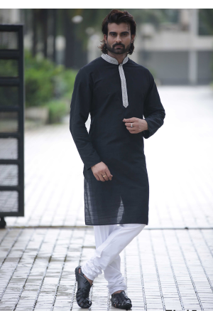 Black With White Color Silk Fabric Kurta Set